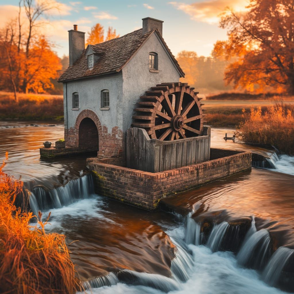 Rustic Autumn Waterwheel Scene in German Classic Era Style