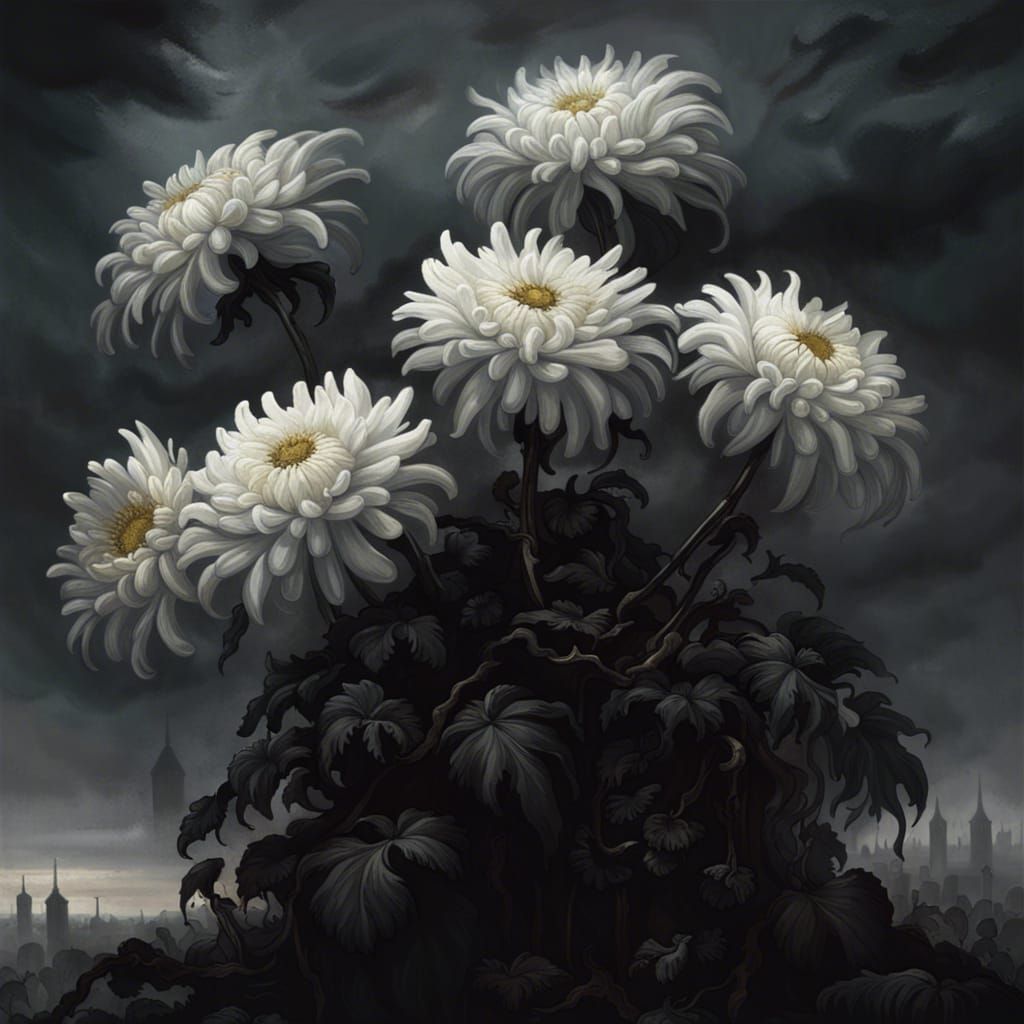 Eerie Gothic Chrysanthemums in Dark Fantasy Style