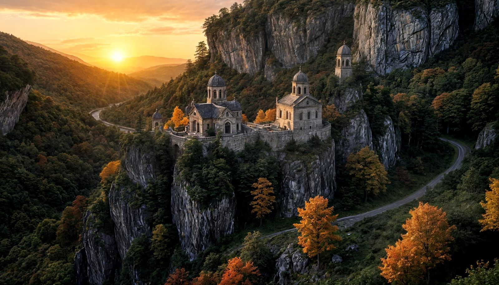 Byzantine Monastery Overlooks Autumn Valley at Twilight