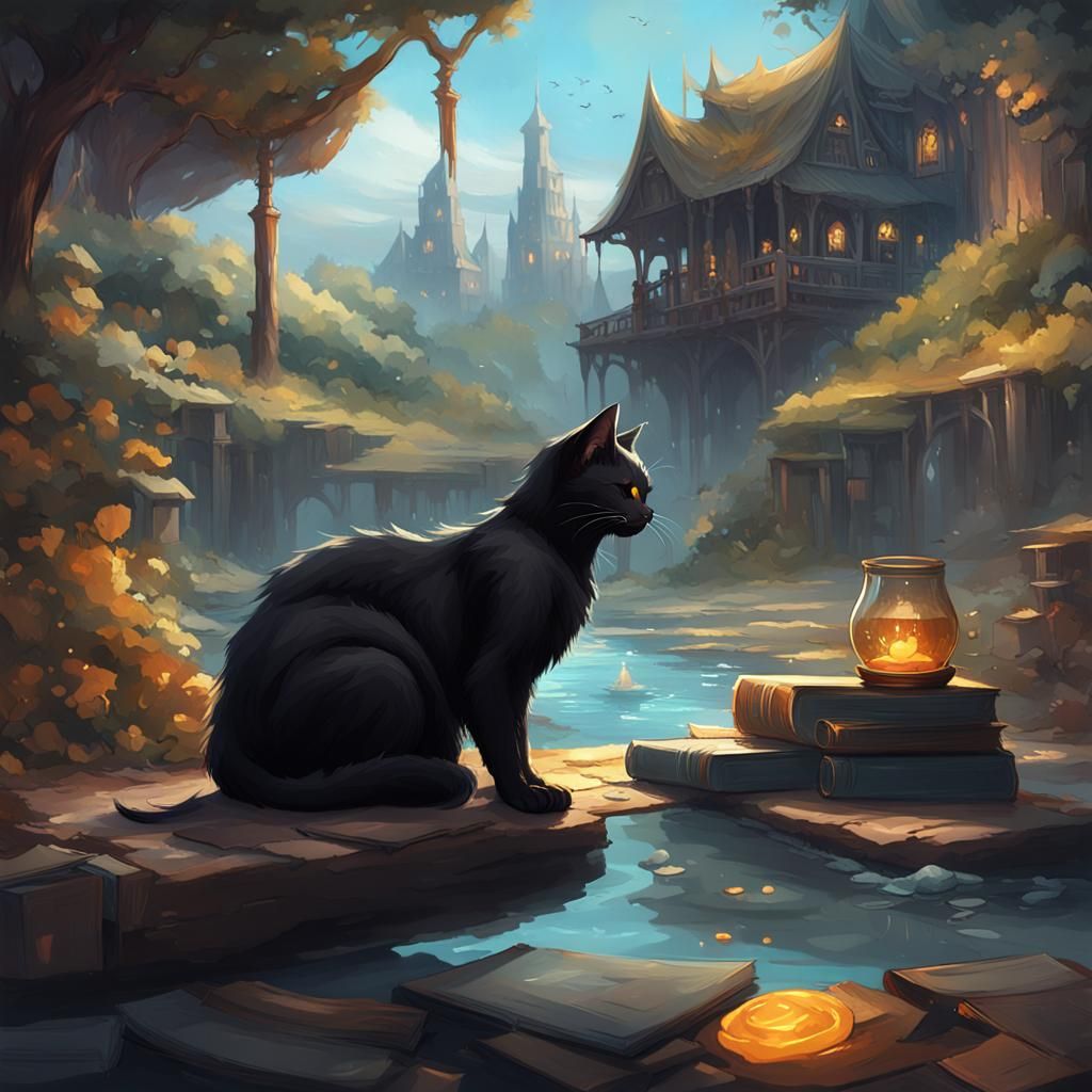 Black Cat Reading by Watering Hole, Anime Aesthetic