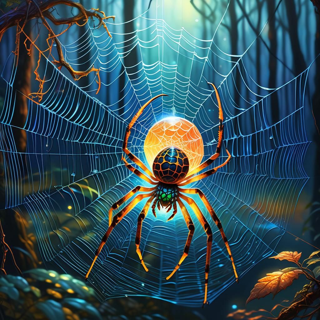 Mystical Spider Dragon on Glowing Web: Oil Painting