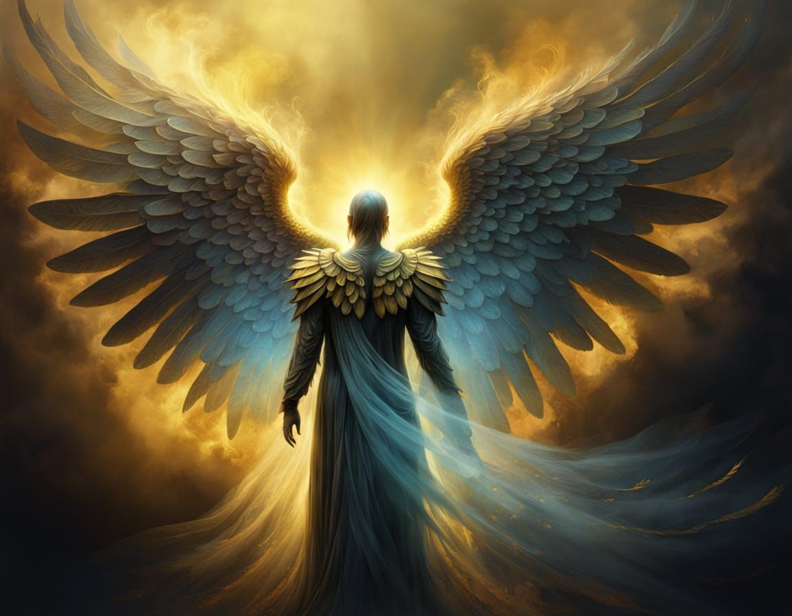 Surreal Angelic Figure with Iridescent Wings in a Golden Lig...