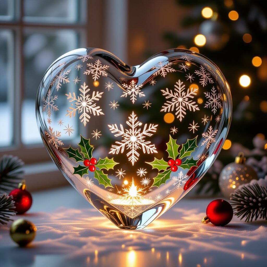 Glowing Glass Heart with Christmas Patterns