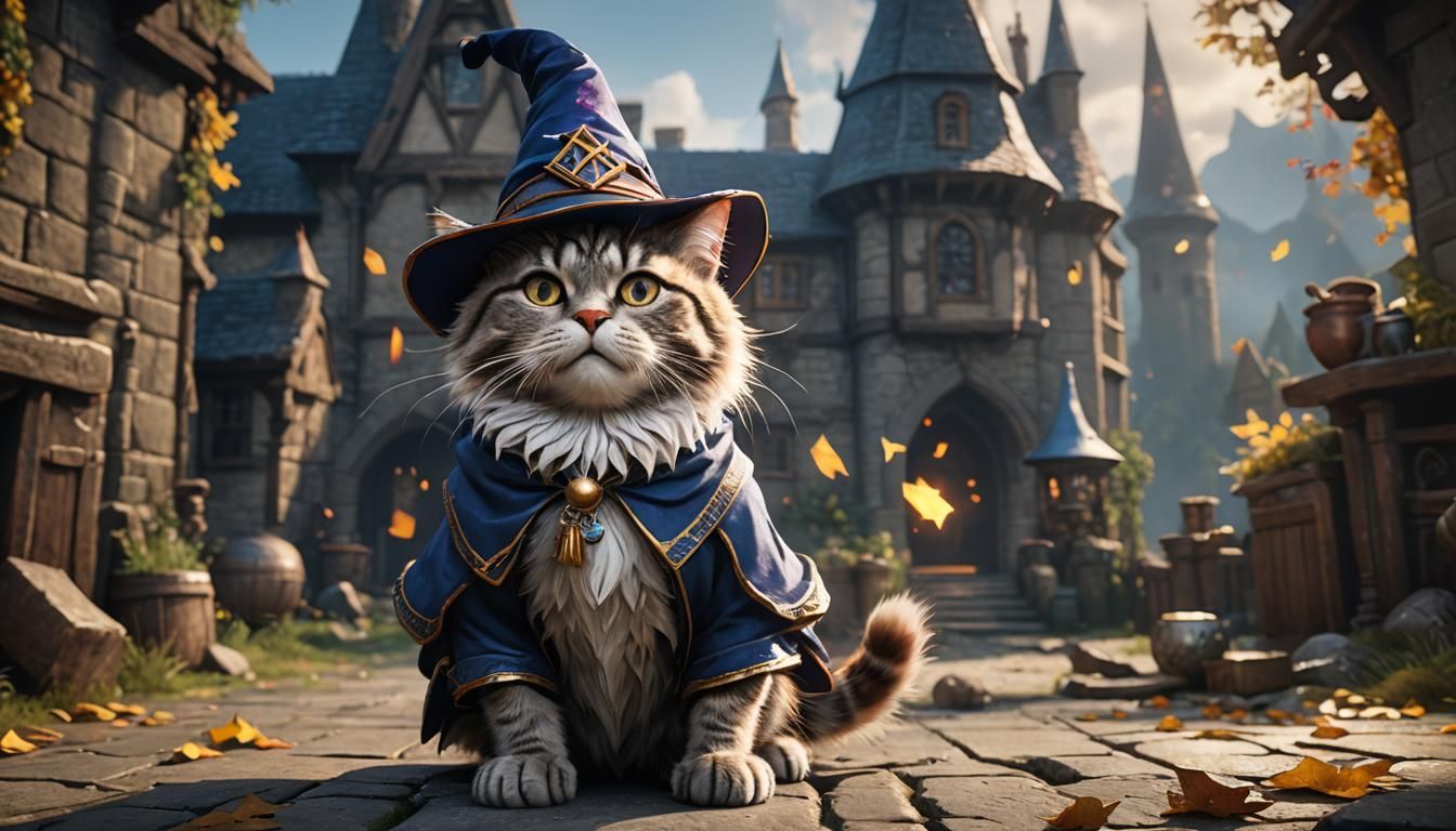 Cat in Wizard Hat: 3D Game Cinematic Render