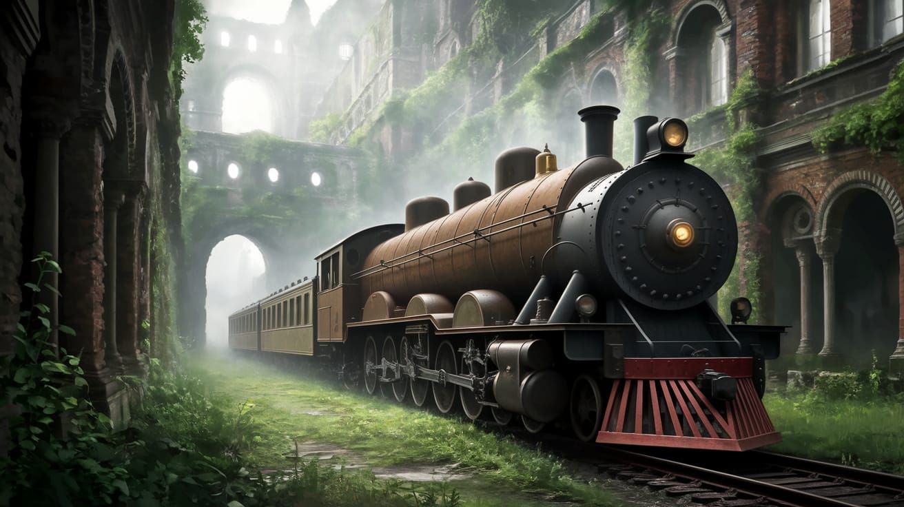 Majestic Abandoned Train Passes Through Overgrown Ruins in a...