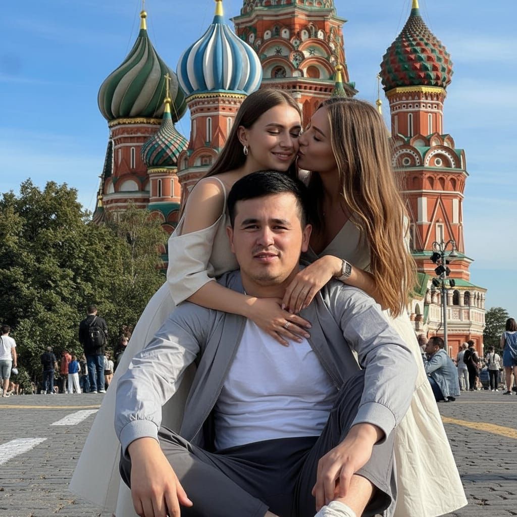 Man Embraced by Two Women in Romantic Scene