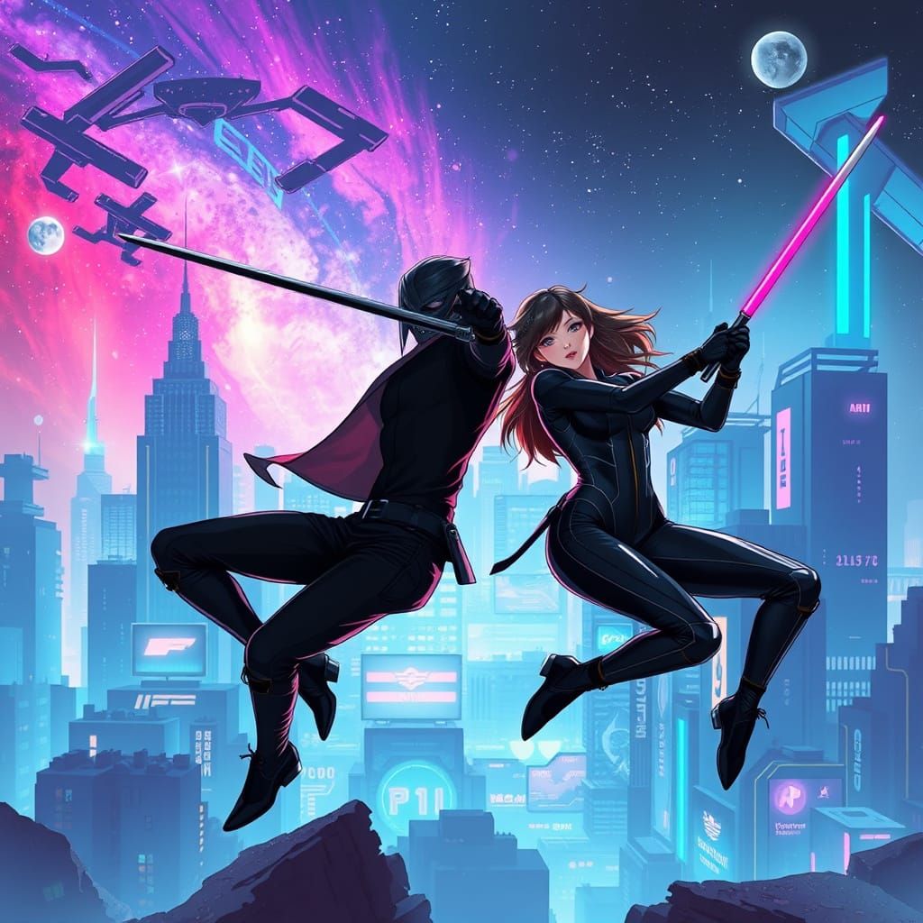 Futuristic Assassins Sparring in Cyberpunk Sci-Fi Style