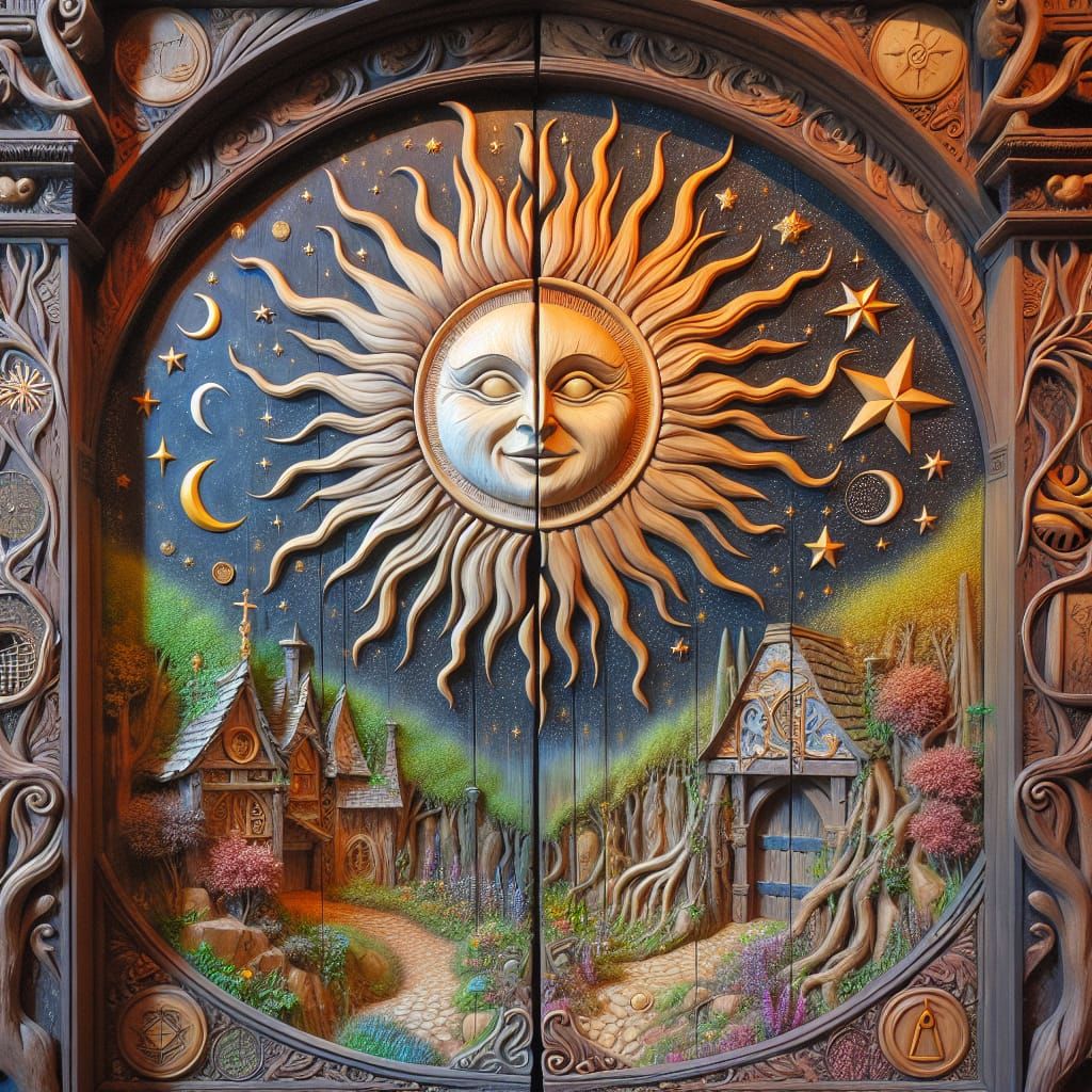Celestial Wooden Gate with Sun and Moon Symbols