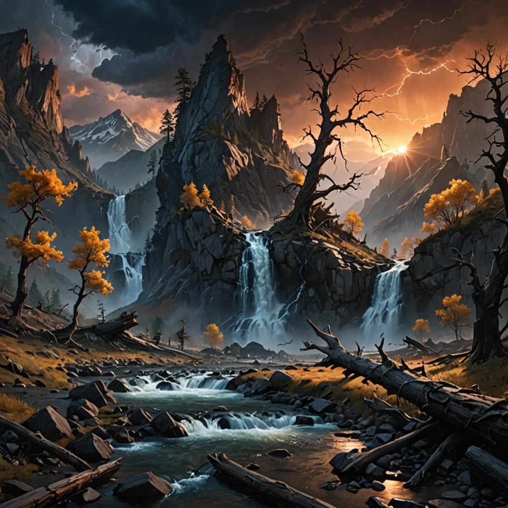 Ominous Mountain Landscape with Dramatic Lighting
