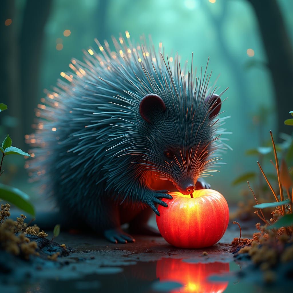 Iridescent Porcupine Enjoys Apple in Dreamlike Setting