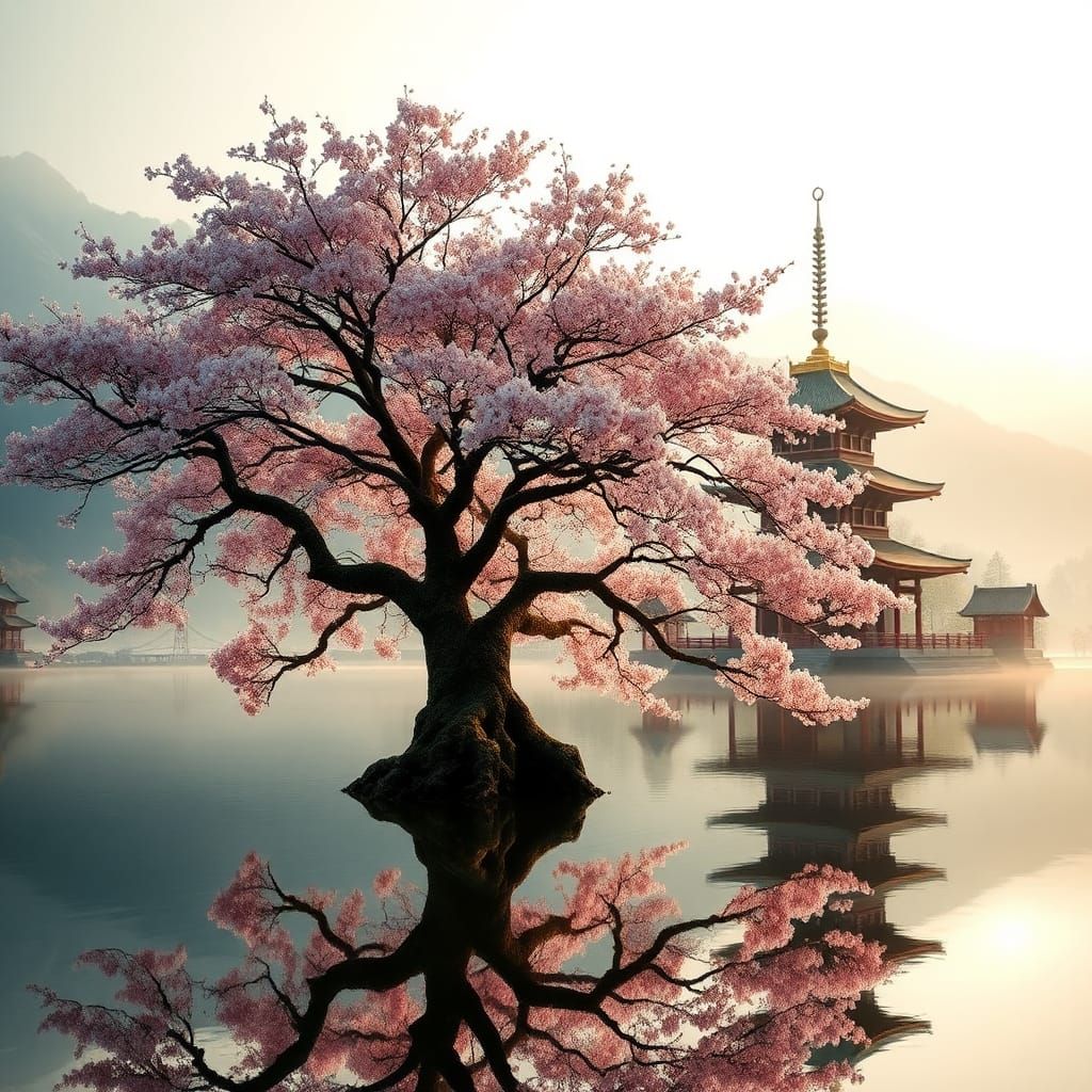 Majestic Sakura Tree in Full Bloom, Japanese Landscape