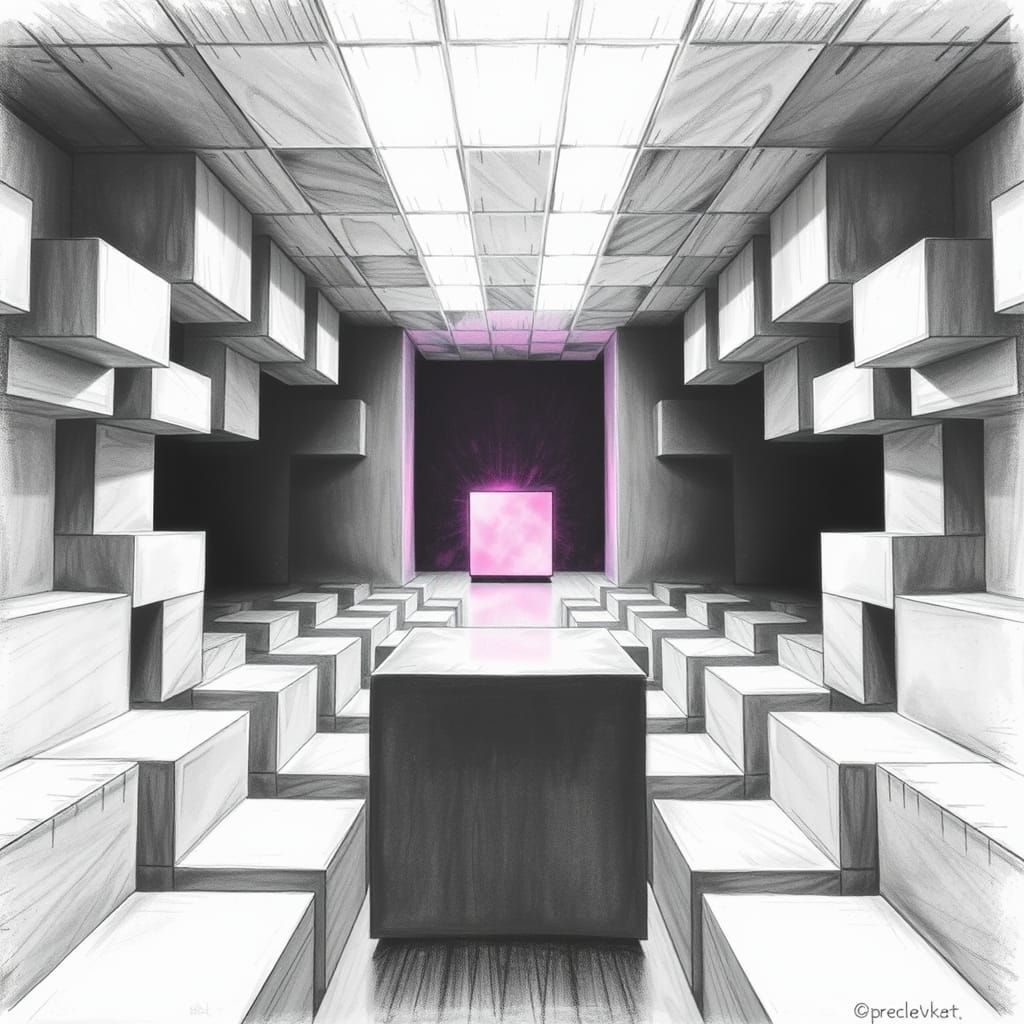 Mysterious, Dark Cubist Labyrinth with Shining Pink Cube