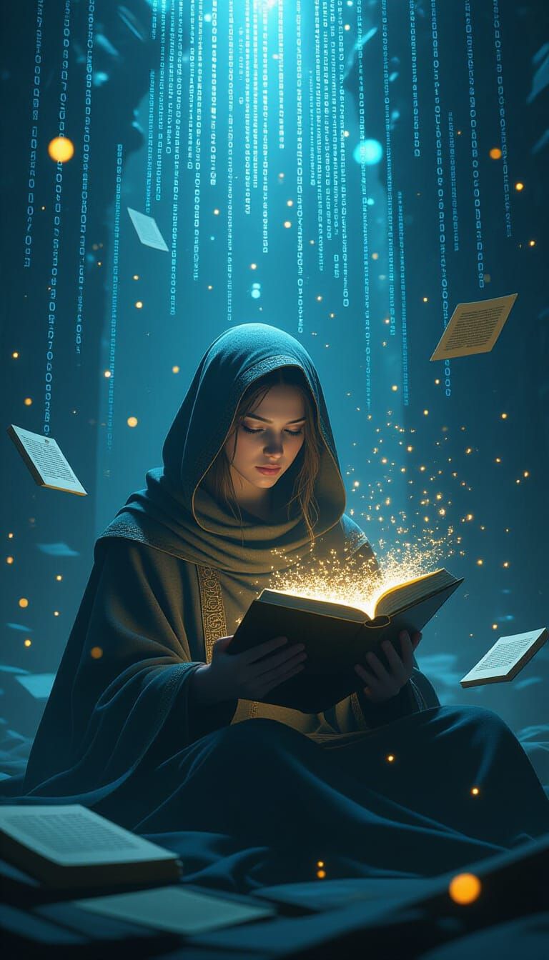 Scholar Surrounded by Floating Ancient Symbols