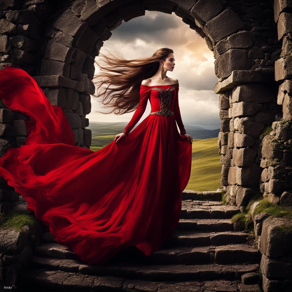 Celtic Princess in Red Dress at Castle Ruins