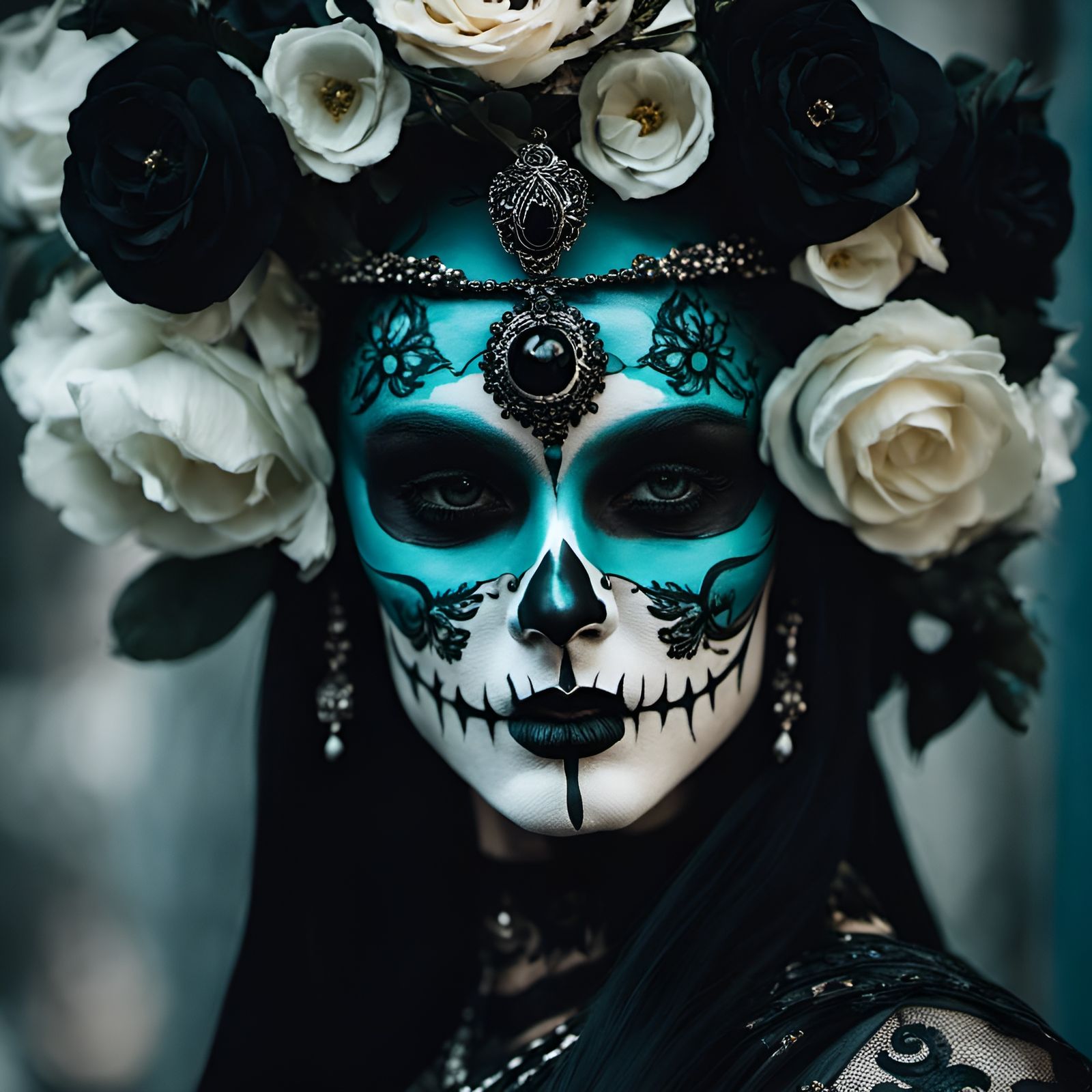 Gothic Goddess with Skull Face Paint and Flowers