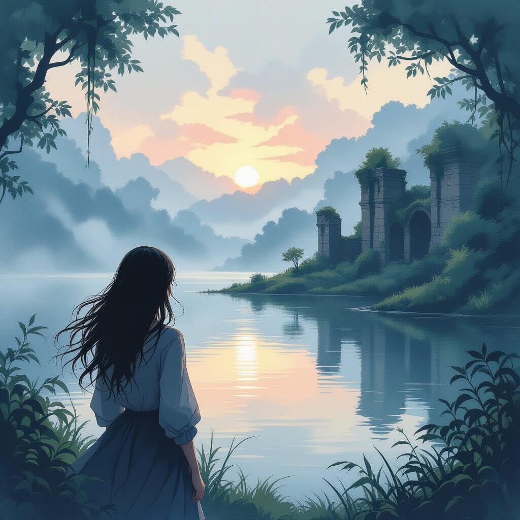 Melancholic Woman at Dawn Lake