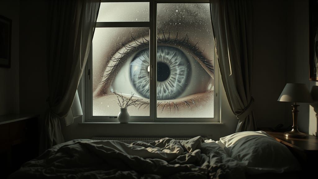 Surreal Eye Observes Woman in Bedroom
