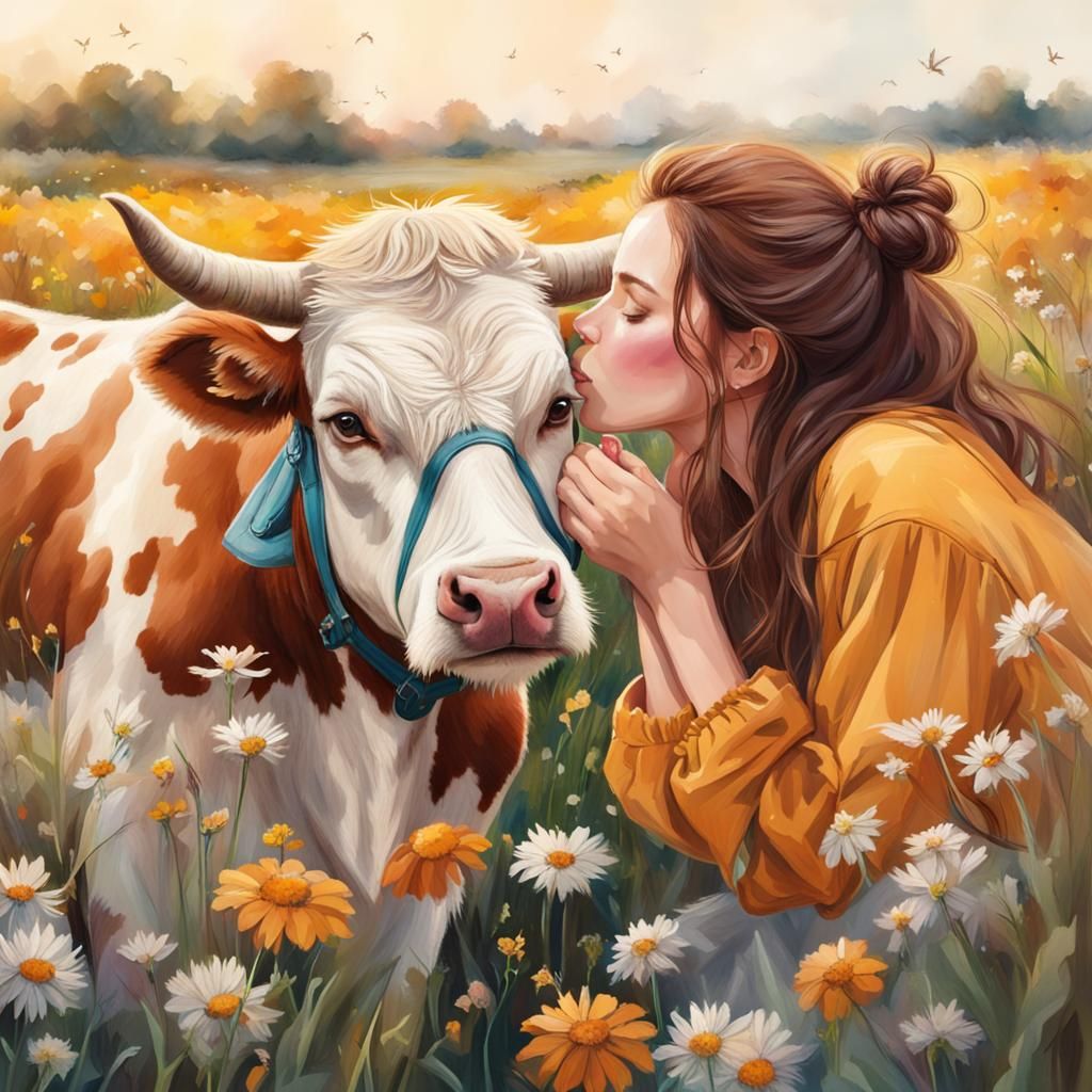 Girl Kisses Fluffy Cow in Flower Field