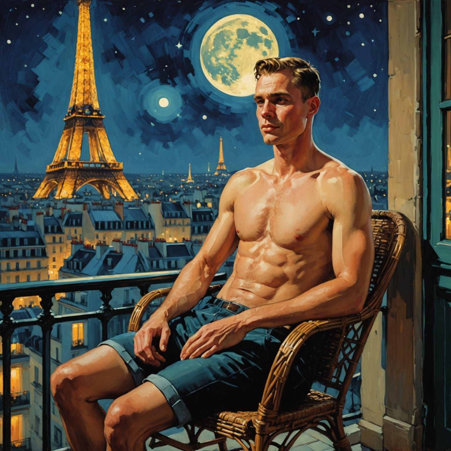 Ethereal Paris Night Scene: Moonlit Wicker Chair with Eiffel...