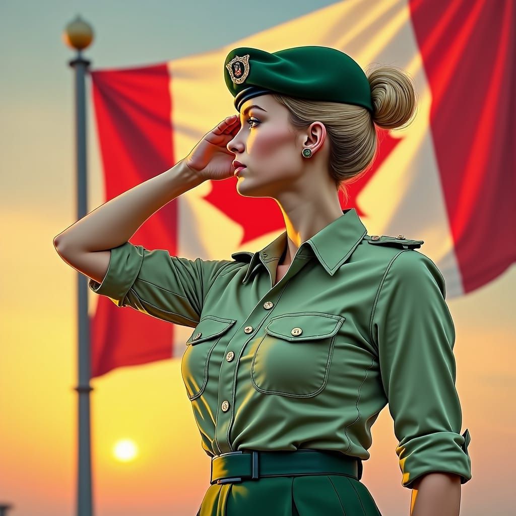 Woman in Green Beret Saluting Canadian Flag