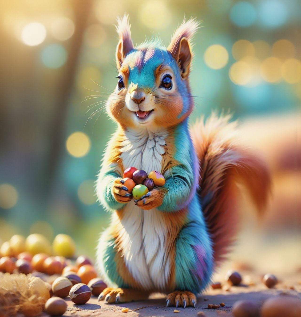 Kawaii Squirrel with Nuts in Pastel Colors