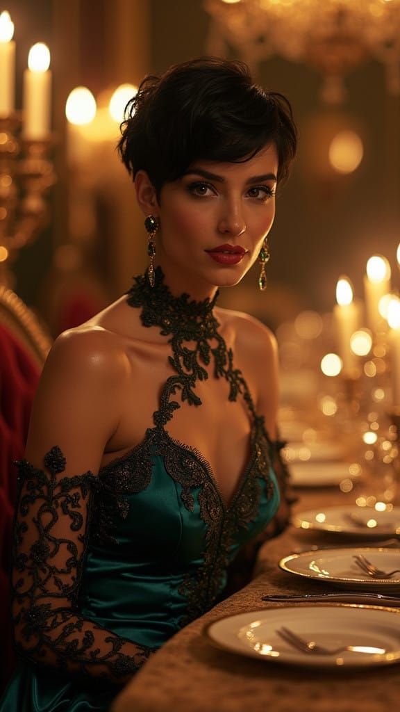 Elegant Woman in Velvet Gown at a Whimsical Dinner Party