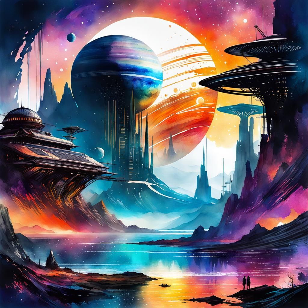 Epic Sci-Fi Alienscape in Watercolor Style