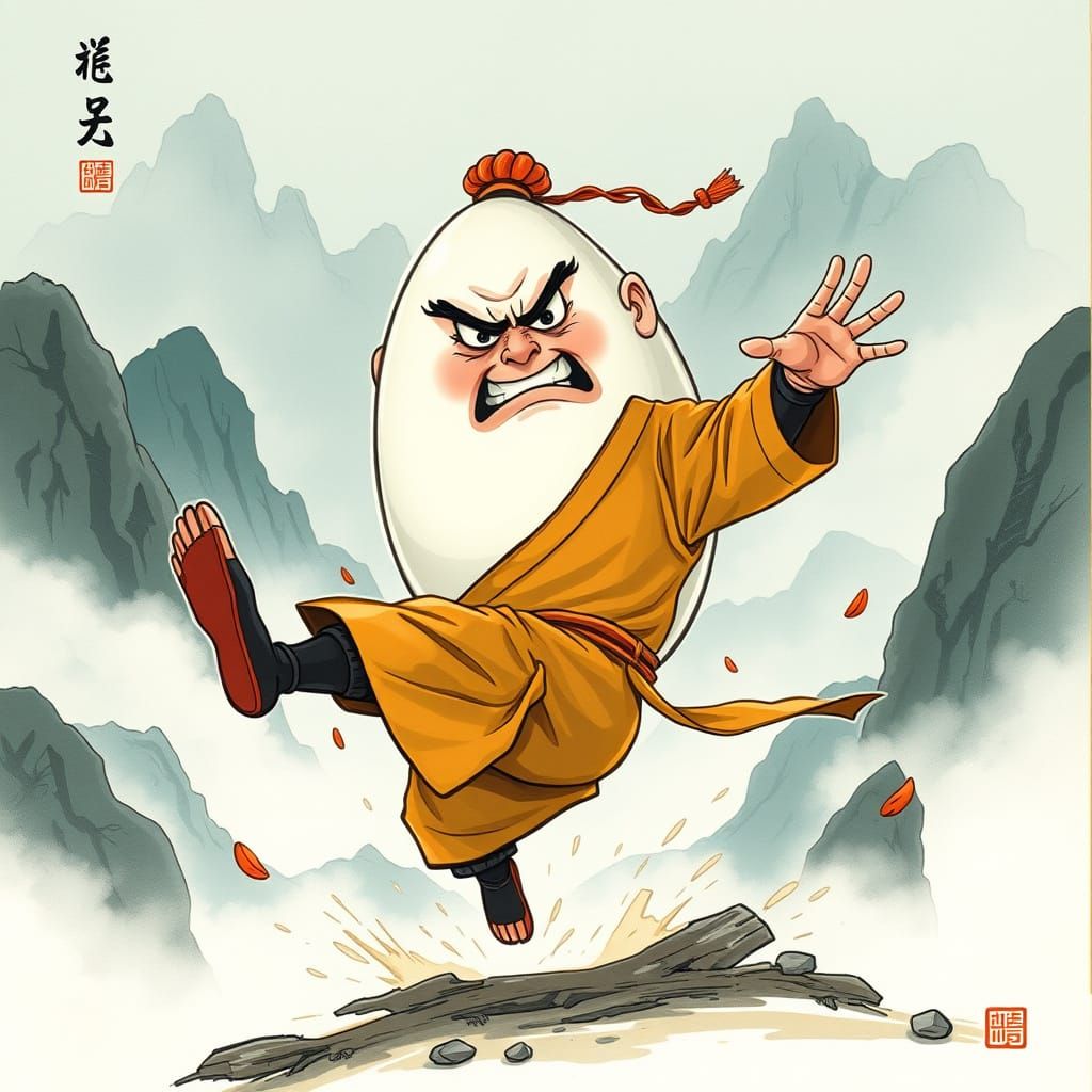 Furious Egg Shaolin Monk in Ink Art Style