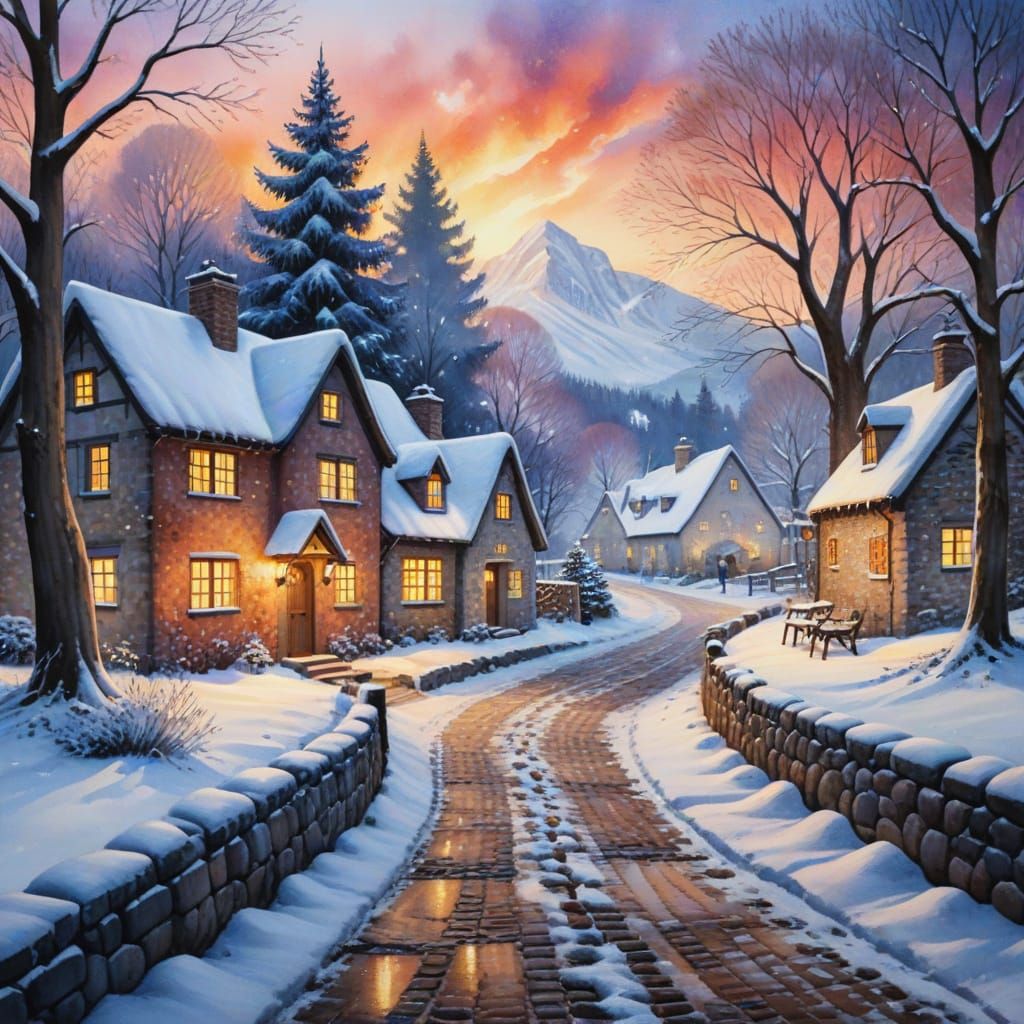 Winter Village in Flames, Watercolour Painting