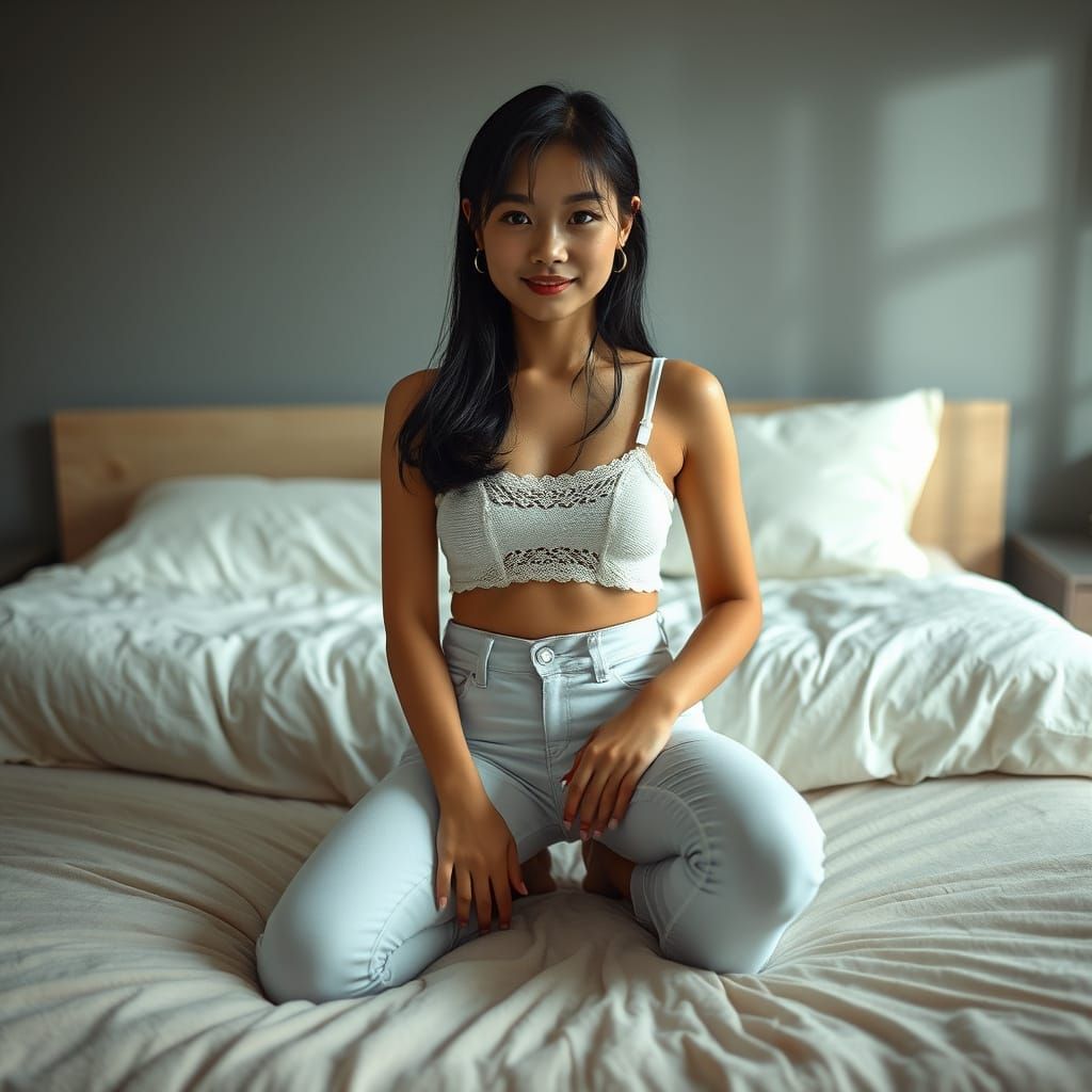 Cute Japanese Woman on Plush Bed in Hyper-Realistic Style
