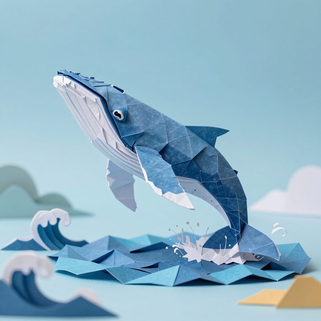 Origami Whale Leaping from Paper Ocean