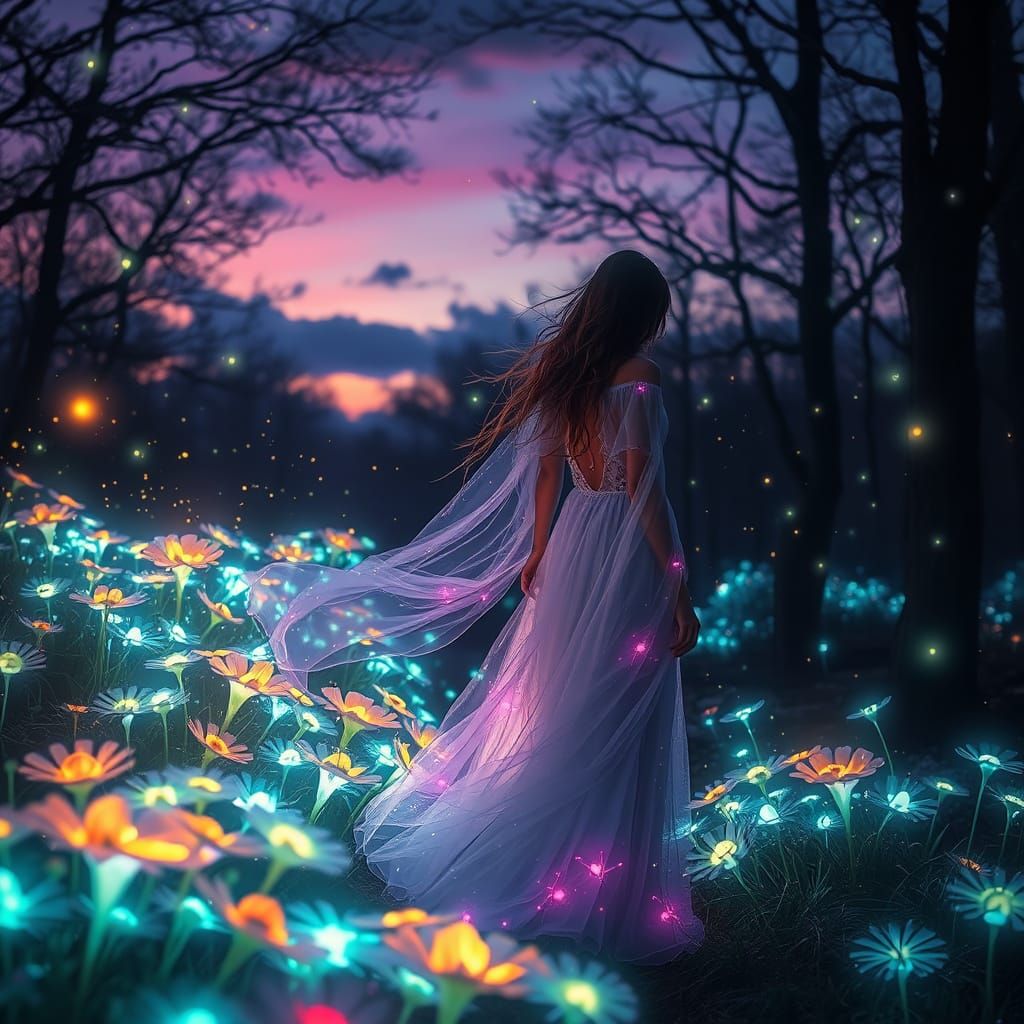 Enchanted Forest: Bioluminescent Flowers and Dancing Firefli...