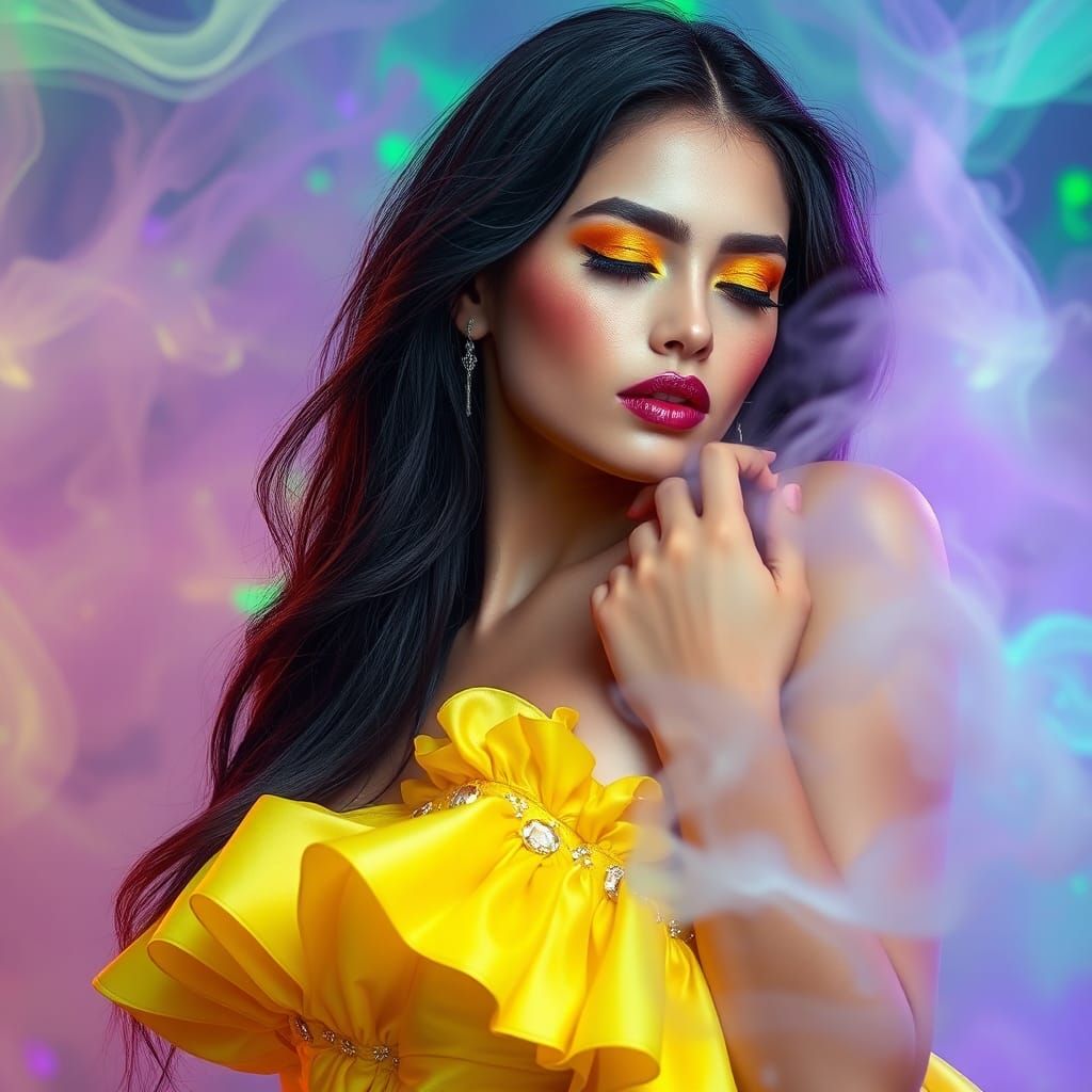 Futuristic Woman in Iridescent Smoke, Digital Art