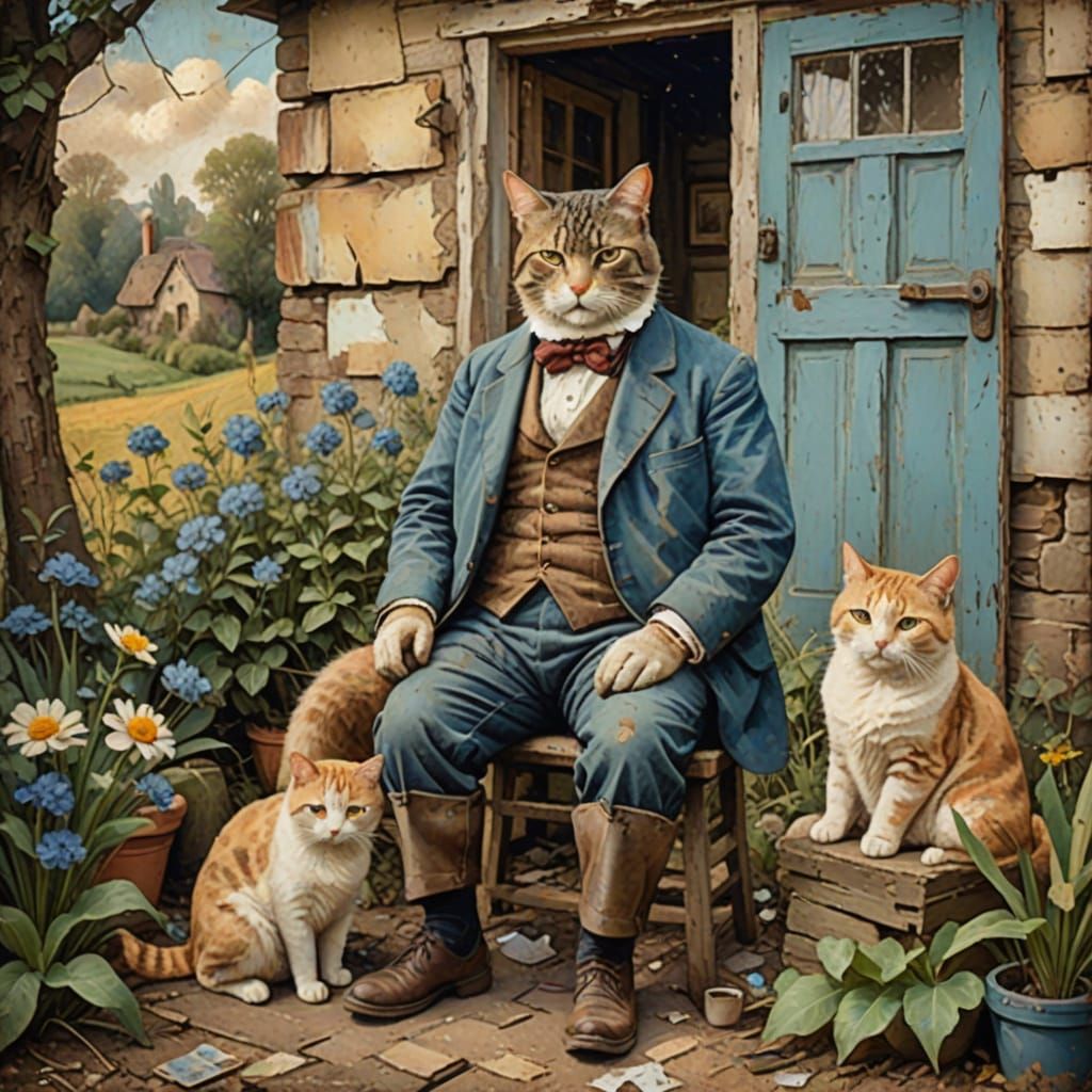 Man with Cat: Heavily Textured Impressionist Oil Painting