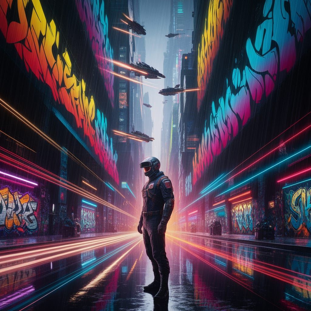 Graffiti Skyscraper Street Scene with Flying Cars