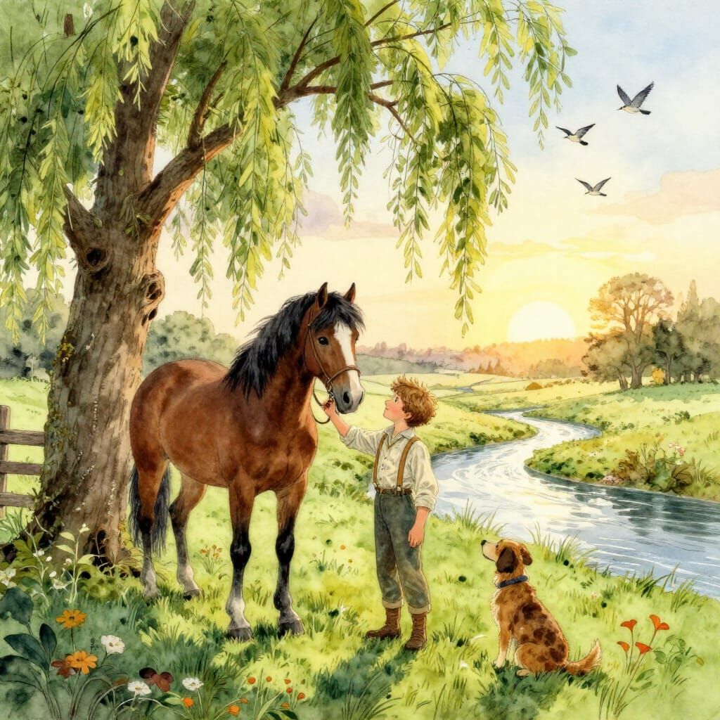 Boy and Horse in Watercolor Style