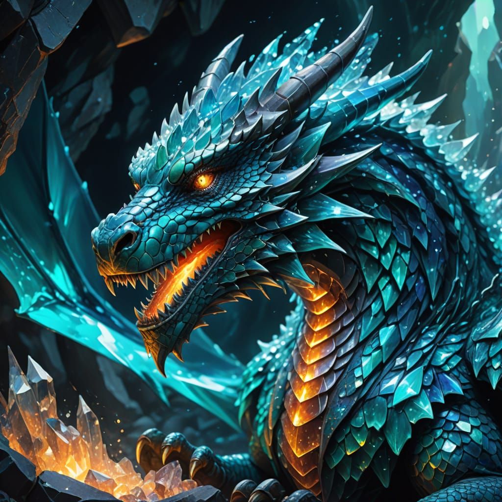 Crystallized Turquoise Dragon in Crystal Cave: Oil Painting