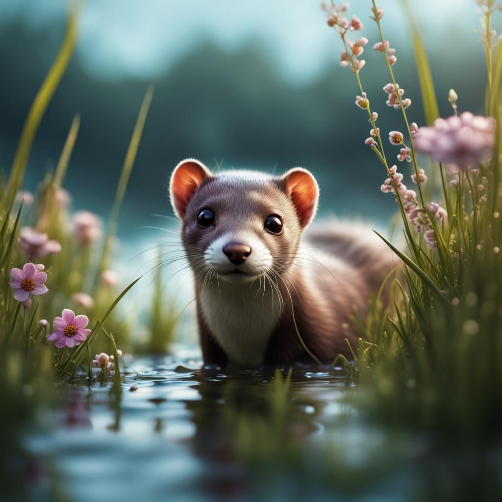 Stoat Playing in Wet Grass: Close-Up Photography