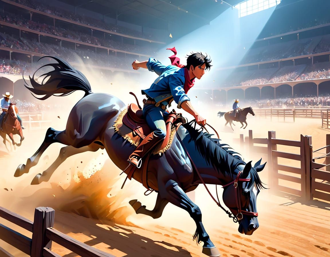 Rodeo cowboy riding a bucking bronco