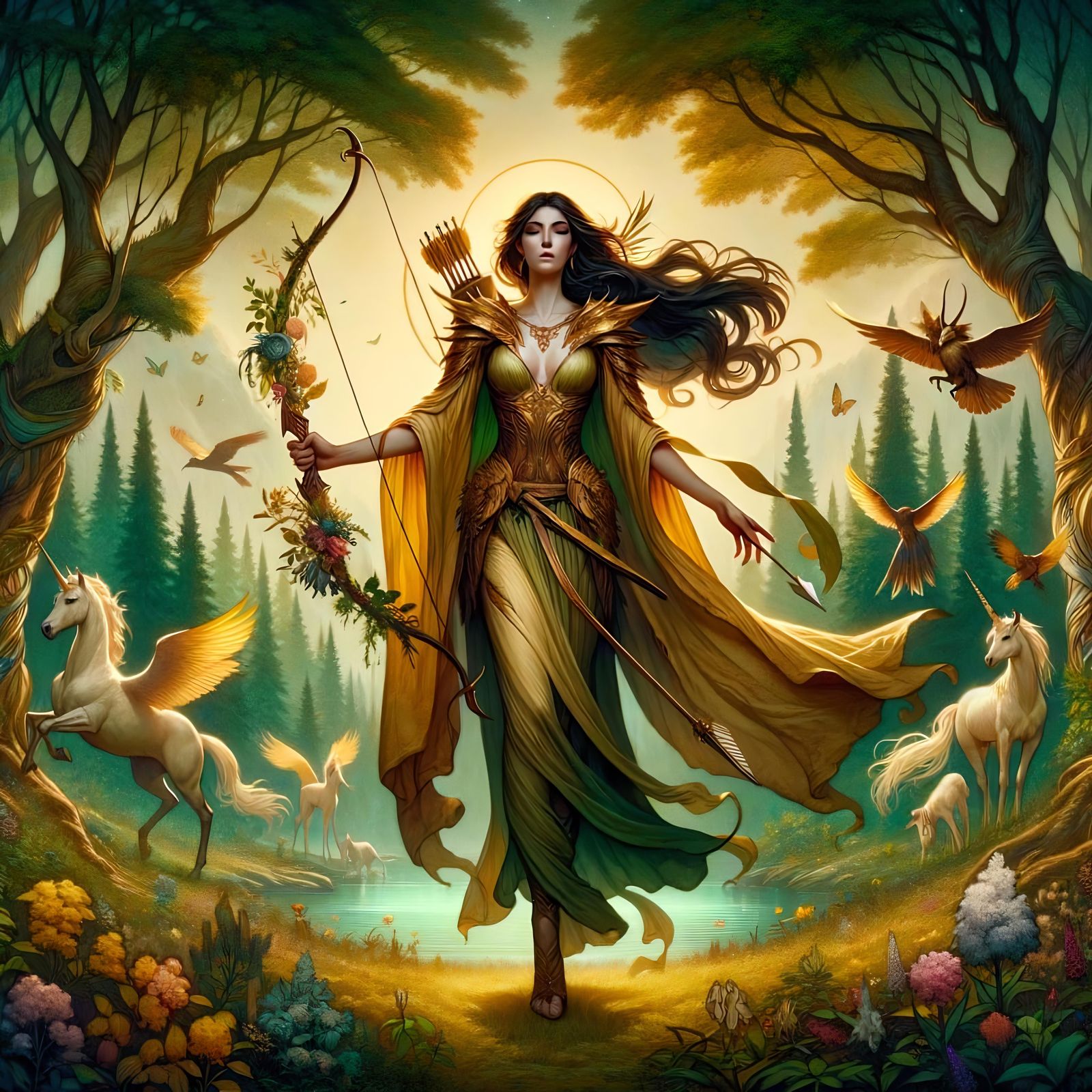 Forest Deity with Longbow in Mythical Woodland