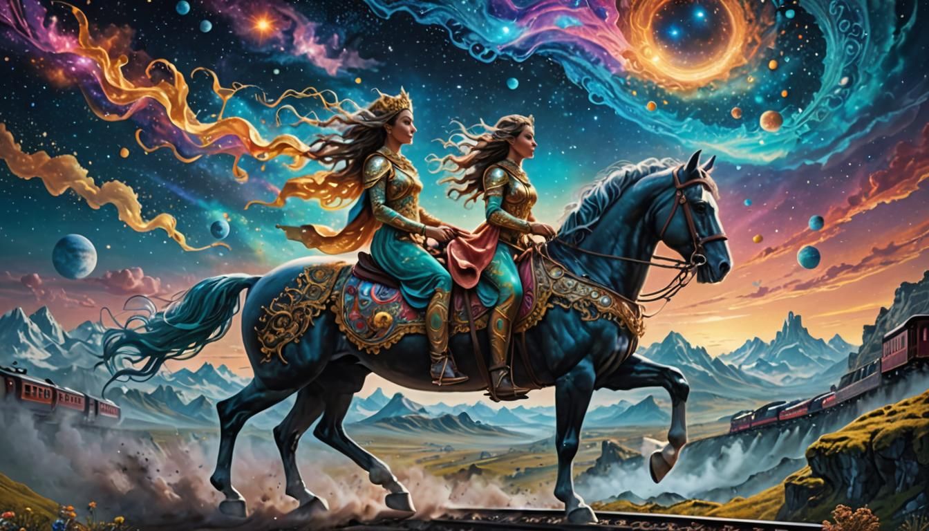 Astral Goddess on Horse in Fantasy Landscape