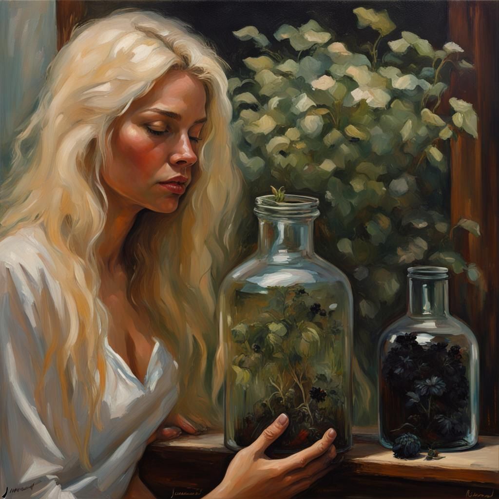 Botanical Still Life with Woman, Oil Painting Style