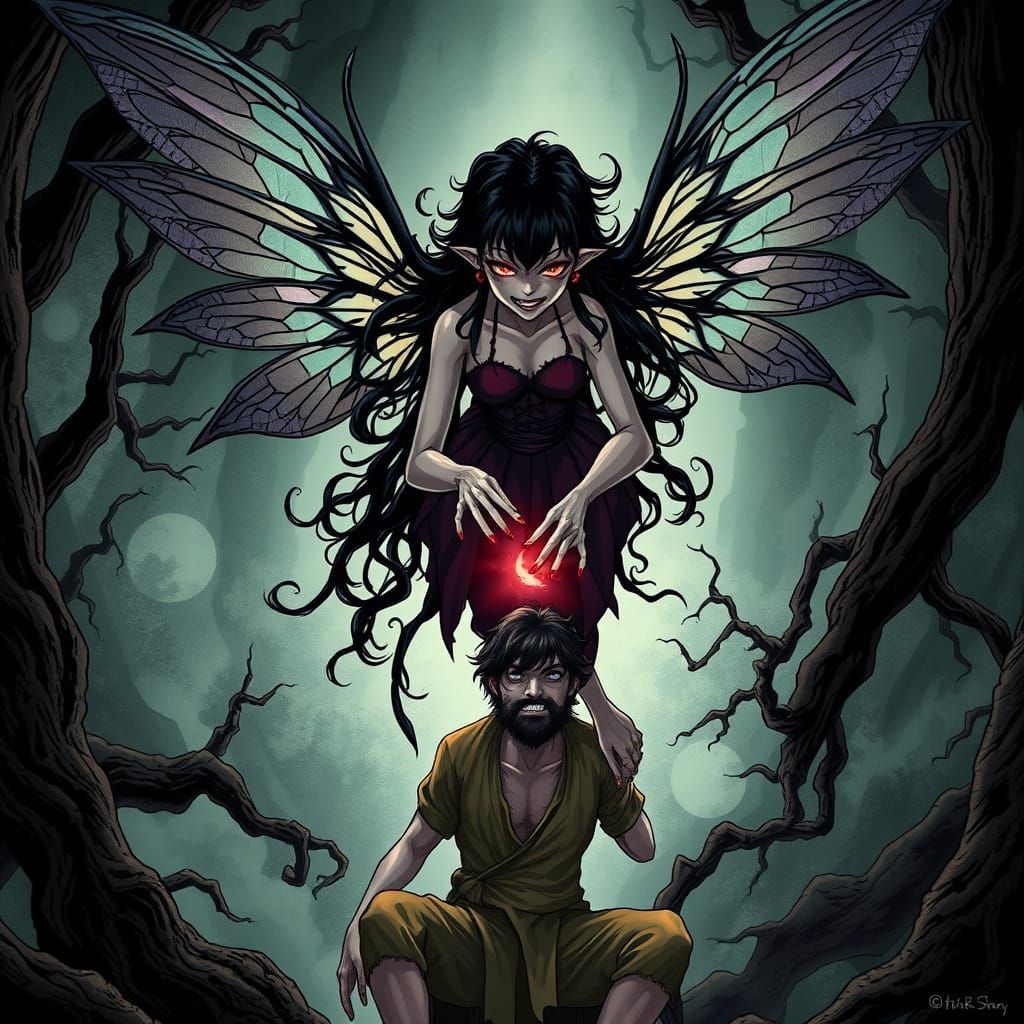 Dark Fairy Siphons Life Force in Haunting Forest Scene
