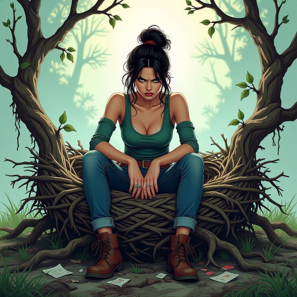 Grumpy Woman on Twisted Nest in HDR Moebius Style