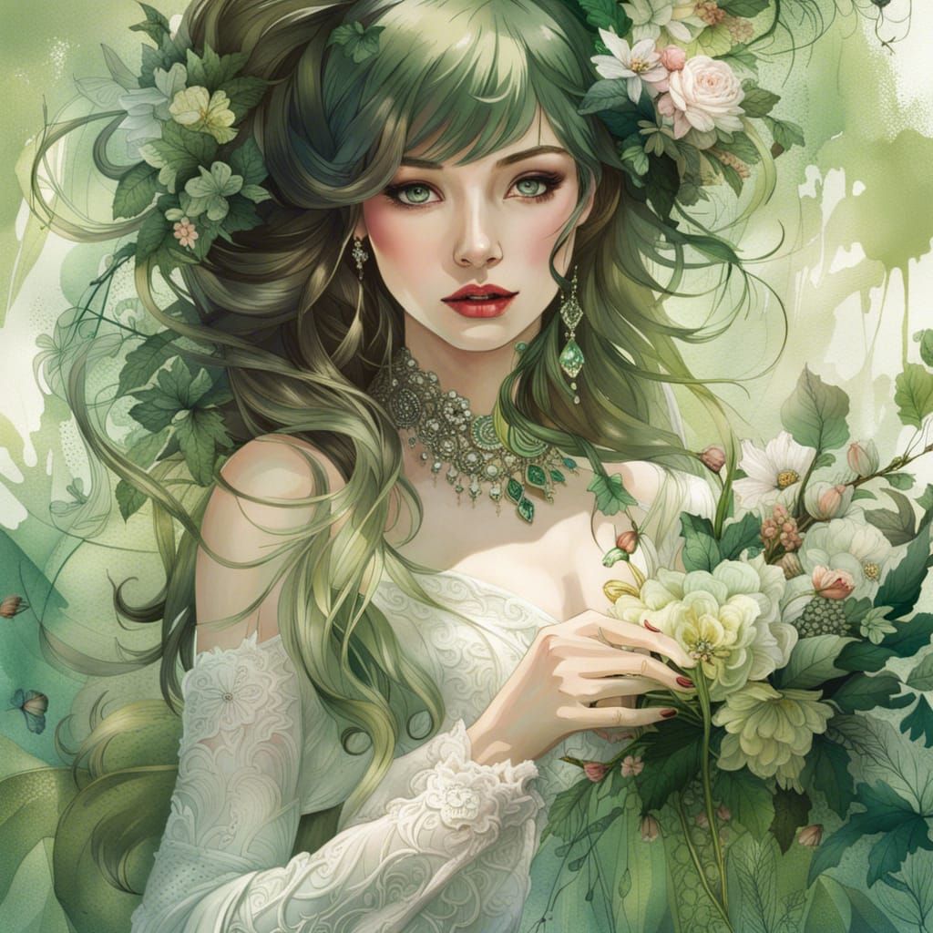 Beautiful Bride in Green Dress, Painterly Portrait