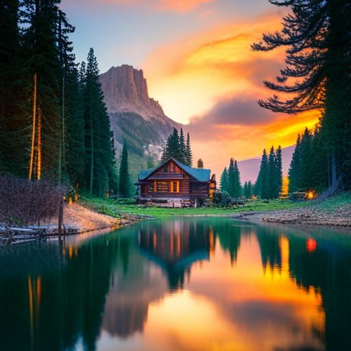 Mountain Lake Sunset: Cabin, Canoe, and Wildlife