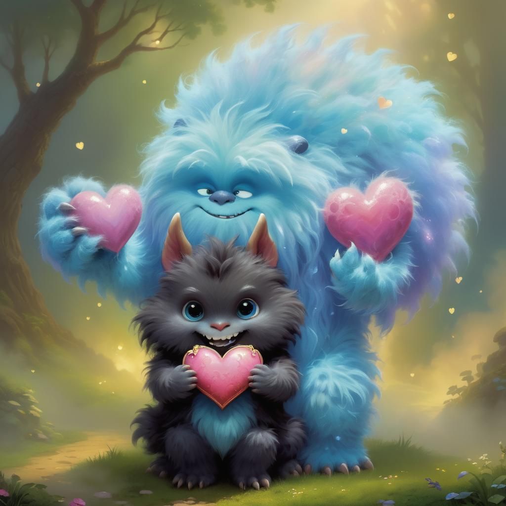 Cute Fluffy Monster Holding Heart in Fantasy Style