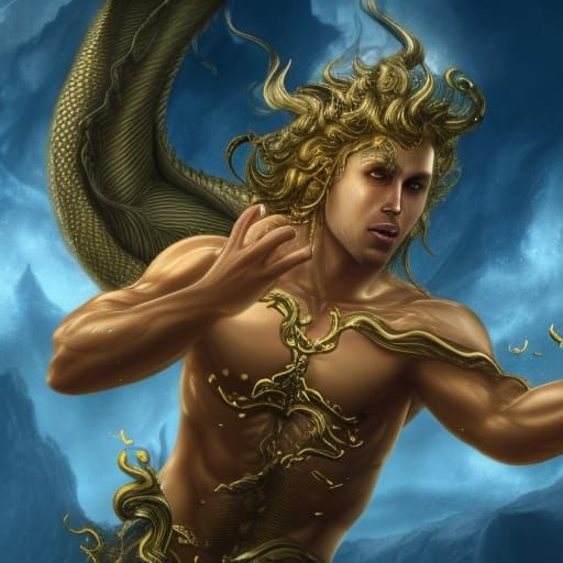 Sorcerer Merman with Dragon Features, Fantasy Concept Art