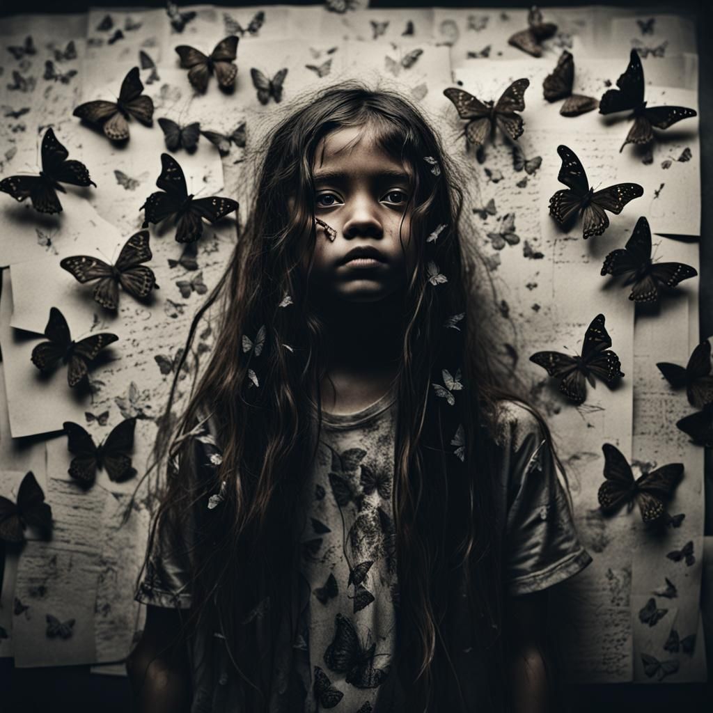 Eerie Girl in Dark Water with Butterfly Drawings