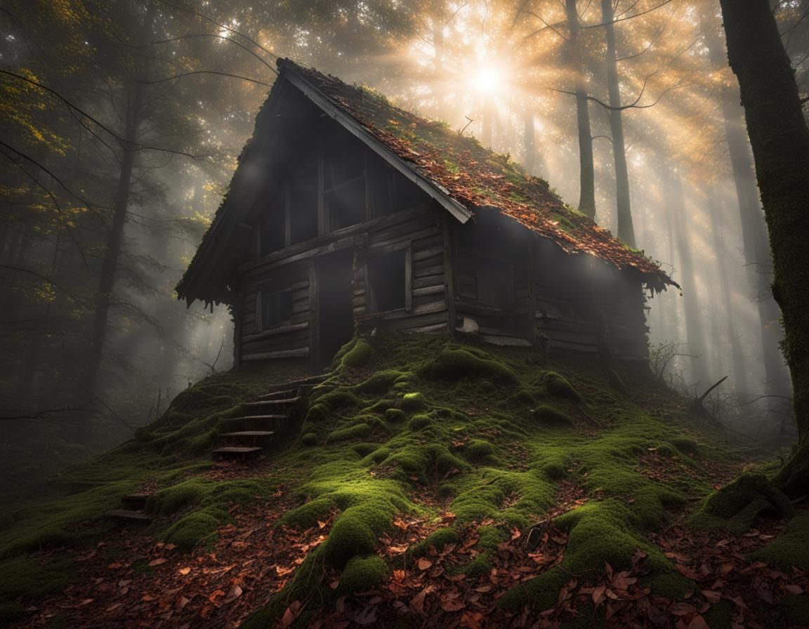 Foggy Forest Hut with God Rays, Digital Art